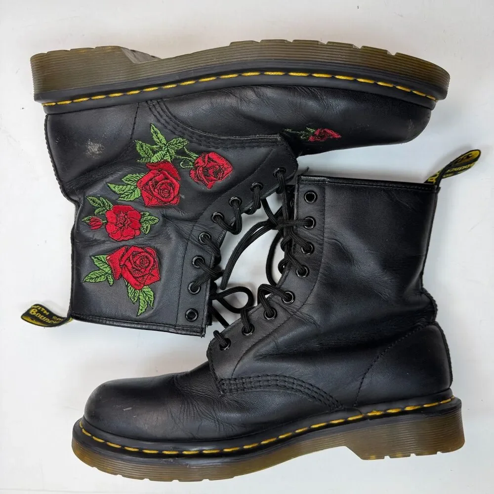 Dr Martens 1460 W Vonda Boots Women’s Size 9 Black Roses Floral Embroidered